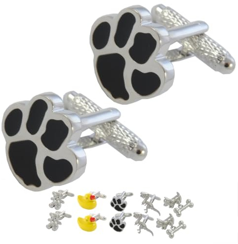 COLLAR AND CUFFS LONDON Gemelos Camisa Hombre Perro - con Caja - Gemelos para Camisas - Impresión de la Pata - Animal Gato Veterinario - Latón - Color Negro y Plata - Un Par