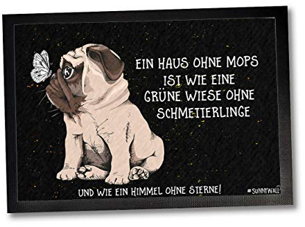 Fußmatte Türmatte Mops Haus Fußabtreter Eingang Haustür rutschfest waschbar | Rutschhemmende Türmatte mit Mops Haus Motiv für Haustür Flur Wohnung Balkon Terrasse geschützten Eingang für 60 x 40 cm