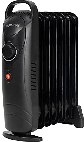 MONHOUSE 7 Fins Compact Oil Filled Radiator - Electric Heater with Adjustable Thermostat - Overheat Protection - Power Indicator Light - Easy Access Carry Handle - 700W - Black