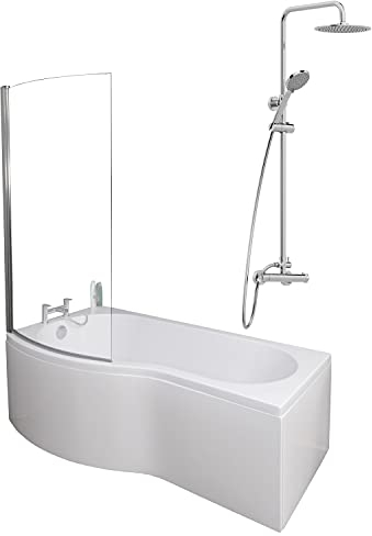 1700 x 900mm Left Hand P-Shaped Curved Shower Bath Bathroom Bathtub Glass Shower Screen Front Panel & Thermostatic Mixer Shower Set Handheld Chrome Round Rainfall Head