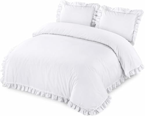 HOMES-LINEN Santiago Frilled Duvet Set Easy Care Polycotton Plain Dyed Frill Duvet Cover Set (Single, White)