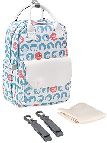 SONARIN Stylische Baby Wickelrucksack Wickeltasche,Leicht Wasserdicht Babytasche Großer Kapazität Wickeltasche Rucksack Reisetasche mit Wickelunterlage & Kinderwagen Haken(Eisbär)