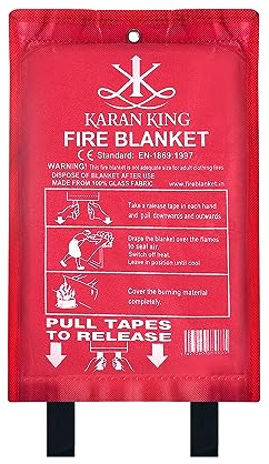 KARAN KING® - Fire Blanket - Flame - Retardant Safety Blanket for Home, Kitchen, Caravans, Garages - Heat-Resistant and Versatile Fire Protection Equipment (Large, Quick Unfolding, with Loops)