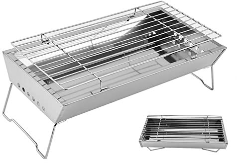 Tragbar Grill Holzkohlegrill BBQ Flach Zusammenklappbarer Kohle-Grill Grillfläche Campinggrill Kohle Klappbar Abnehmbare für Camping Strand Picknick Terrasse Garten,Silver,45 * 24 * 17cm