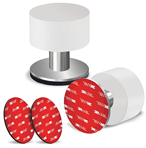 2-Pack Door Stops with Extra Stickers, Self-Adhesive Door Stopper with White Rubber & Stainless Steel Body - Heavy Duty Sound Dampening Door Bumpers for Home & Office Use