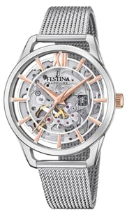 Festina Montre Automatique Femme Acier Inoxydable 316L Argenté - Montre Femme - Verre Saphir Haute résistance F20627/1