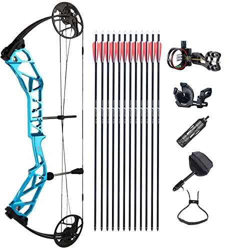 HNZMDY Kit Arco Compound 19-70Lbs Arco Composto Set Arco da Caccia 19-30 Lunghezza di Tiro IBO 320fps con Tutti Gli Accessori per Adulti e Principianti (Blu Lago)