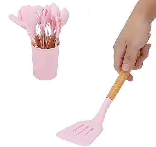 Generico Set di 11 Utensili da Cucina in Silicone, Resistenti al Calore, con Manici in Legno, Senza BPA, in Silicone atossico, spatola, Cucchiaio, Utensili da Cucina per antiaderenti Rosa
