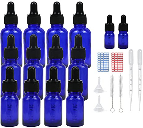 Episkey 12 Stück Pipettenflasche,Tropfflasche Blaue Blaue Glasflaschen Set inkl. 5ml mit schwarzer Pipettenkappe &Hilfszubehör für Ätherische Öle Parfüm DIY-Probenmischungen (Blau, 10+20+30ml)