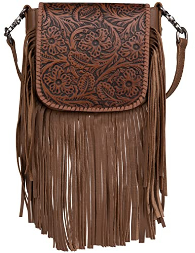 Montana West Western Crossbody Handbags for Women Small Bags Tooled Leather Fringe Purse Brown RLC-L159BR