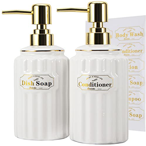 SOOKDEO Seifenspender, 400ml Keramikflaschen mit goldenen Pumpen und wasserfesten Etiketten für Shampoo, Handseife, Lotion, Körperwäsche - Ideal für Badezimmer, Küche, Wohnzimmer, 2 Stück, weiß