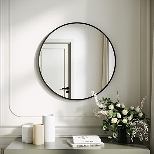 SONNI Rund Wandspiegel 40cm, Schwarz Aluminiumrahmen Wandmontage Schminkspiegel mit HD-Glas Moderner Kreisspiegel für Badezimmer, Wohnzimmer