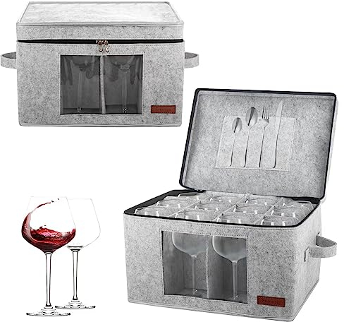 Foyego Wine glass Storage Boxes, Stemware Storage Cases with Divider, China Storage Containers Box for 12 Crystal Glassware,Goblets,Wine Glasses,Drinkware Packing & Moving(2Pack)