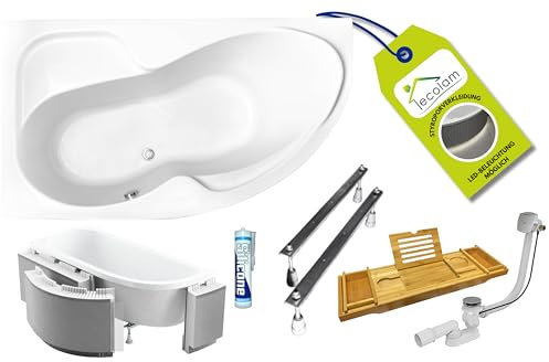 ECOLAM® Badewanne Wanne Eckwanne Eckbadewanne Acryl weiß Wela 150x100 cm LINKS + universelle Styroporverkleidung befliesbar + Bambus Ablage Ablaufgarnitur Ab- und Überlauf Automatik Füße Silikon Set