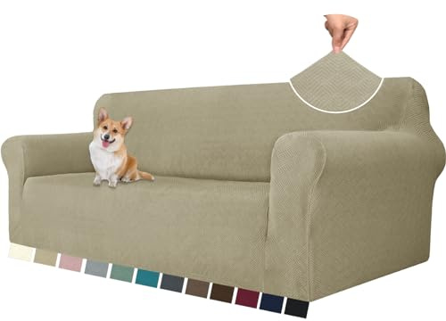 YSTELLAA Stretchigt Sofföverdrag Med Armstöd 3-Sits, Elastiskt Soffskydd Universell, Pet Soff Cover Töjbart Överdrag, Modernt Soffskydd Jacquard, Sofföverkast För Soffa Fåtölj, Kaki | Soffskydd med armstöd, halkfritt och tvättbart sofföverdrag, superstretchigt, reptåligt