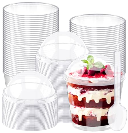 Feelhap 50 Vasitos Plastico para Postres, Vasitos para Postres con Tapa y Cucharas, Tazas de Postre de Plástico Reutilizables Cuencos para Aperitivos, Recipientes para Postres para Fiestas y Buffets