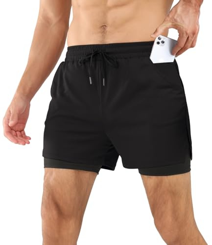 Comilaka löparshorts för män, 2 i 1 shorts som andas, gym, träning, atletisk träning, sportshorts med telefonficka, Svart, XL