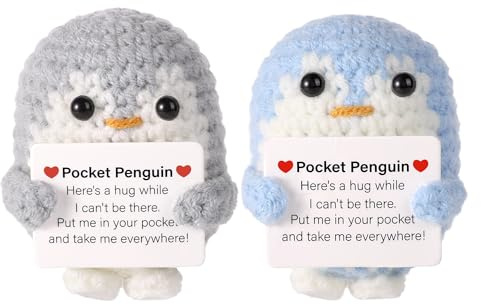 TOYMIS 2pcs Pocket Penguin Hug, 2.6 Inch Funny Knitted Toy With Encouragement Card, Cute Positive Doll Crochet for Friends Family Birthday Party Gift Decoration (Gray, Blue)