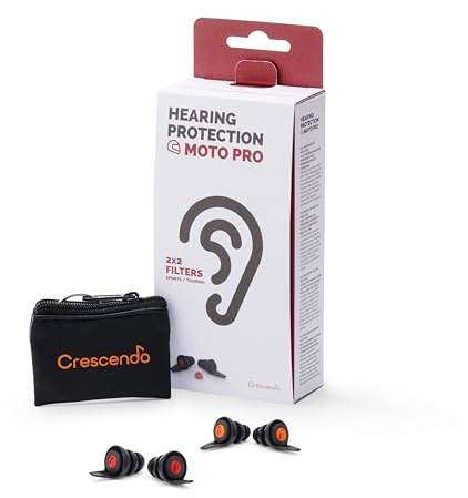Crescendo MotoPro Earplugs for Hearing Protection, Special MESH® Filters, 24dB Noise Reduction, Comfortable for Use Under the Helmet, Suitable for Navigation System Users and motorbike earplugs
