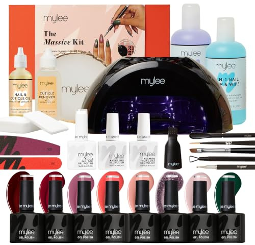Mylee Massive Kit, juego de esmalte de gel profesional, lámpara LED grande, 8 colores de uñas, capa superior y base, gel constructor 5 en 1, preparación y limpieza + eliminador, herramientas de