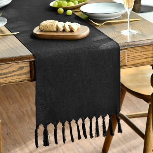 Artoid Mode Schwarz Landhausstil Quasten Tischläufer, Waschbar Küche Tisch Dekoration Party Geburtstag Hochzeit Dekor 33x183 cm