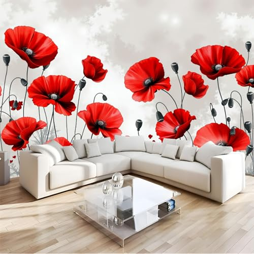 JSCWDET Fleurs rouges Papier Peint Panoramique coquelicots rouges,350× 256 cm (W×H) - Décoration murale moderne – Tapisserie décorative pour chambre salon - Tapisserie murales papier peint