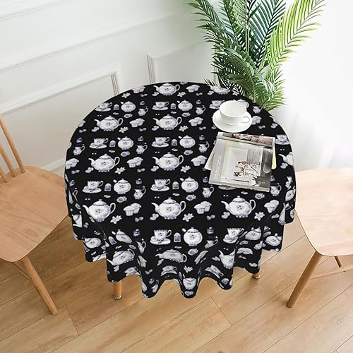 Hgbbdyyjj Hand Drawn Teapots And Cups Personalised Printed Table Round Wrinkle Resistant Washable Durable Polyester Tablecloths