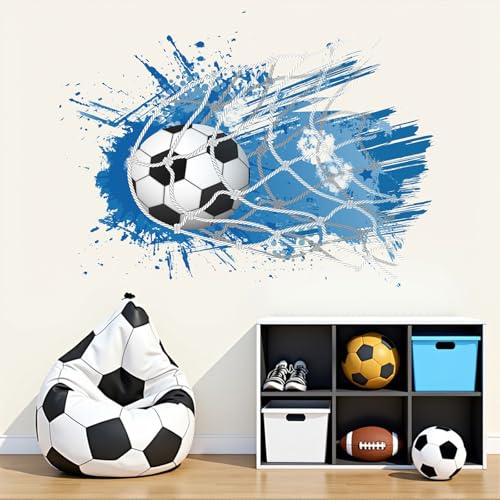 ANHUIB 3D Wandtattoo Fußball Wandsticker Kinderzimmer Fussball Durchbruch Wandaufkleber für Kinderzimmer Jungen Blaue Fussball Wandtattoo Junge Teenager Wandstikcer für Schlafzimmer Deko Geschenk