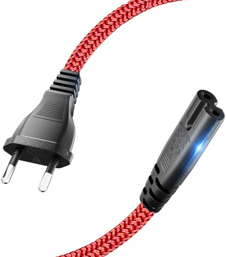 Goalfish 2,0m Stromkabel 2 Polig Typ C Eurostecker auf C7 Buchse, Rot-Nylon | Robust,Euro-Netzkabel Kleingerätekabel Euro 8 mit VDE,für PS5 PS4 PS3 Xbox Serie X/S,TV,Blu-Ray,Haushaltsgeräte und Netzteile