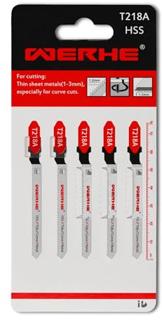 WERHE® Sticksågblad T218A 5 delar för metallskärning - för böjda snitt i tunn plåt (1-3 mm) - metallsågblad för sticksåg med T-skaftshållare - tillbehör för sticksågar