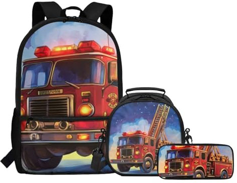COEQINE Fire Truck Backpack for Boys Cool Firefighter Bookbag for Kids 5 Year Old with Lunch Box Organizer 17 Inch School Bag for Elementary School Boys Teen Laptop Bag Set of 3