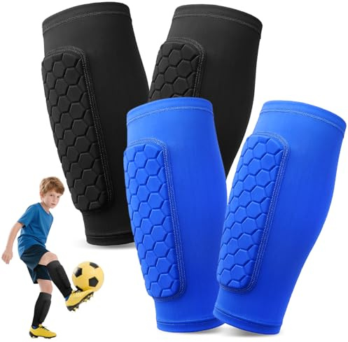 Pardofelis 2 Paia Parastinchi Calcio per Bambino Adulto, Protezione Polpaccio Traspirante e Antiscivolo, Parastinchi da Calcio a Nido d'ape per Bambino Gioventù Uomo Donna, Nero + Blu, M