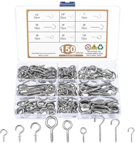 150 STK Schraubhaken Set,Nickelbeschichteter Kohlenstoffstahl Haken zum Schrauben,Einschraubhaken mit Gewinde,Hakenschrauben,Metall Deckenhaken zum Aufhängen Cup Schlüssel Lampen Dekoration(Silber)