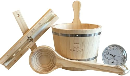 Saunaloft Premium Sauna-Zubehör Set aus Pinienholz, 5-teilig mit Holzeimer 3L, Kunststoff-Inlay, Saunakelle 36cm, Sanduhr 15 Min, Thermo-Hygrometer