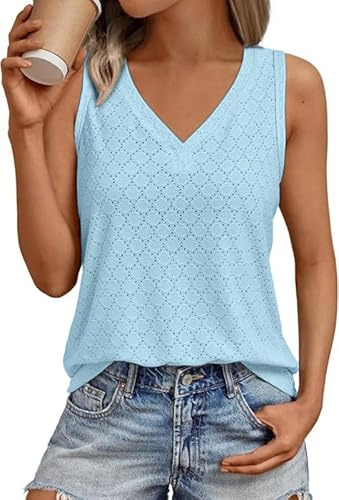 Sukiglam Camisetas sin Mangas para Mujer Verano Elegante Blusas Holgada con Cuello en V Transpirable Elástica Tank Top Bordado de Ojales Camiseta Bohemia Casual Camisolas Shirt para Vacaciones