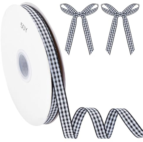 MAYJOYDIY Cinta de cuadros negros y blancos de 45,7 m, 10 mm, para envolver regalos, manualidades, lazos, lazos para el pelo, decoración navideña