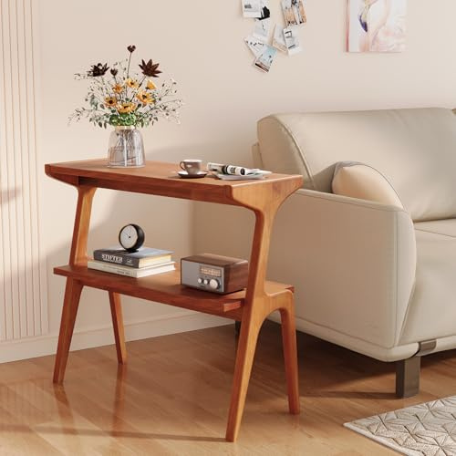 TRIBEWOOD Narrow Solid Wood End Table, 2-Tier Side Table with Storage Shelf, Wooden Modern Accent Slim Bedside Table for Sofa, Living Room, Bedroom, Small Space, Easy Assembly, Cherry