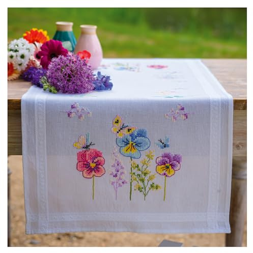 Vervaco Cross Stitch Kit Pre-Printed Centerpiece Pansy Table Linen Set DIY Creative Approx. 40 x 100 cm Hobby Kit Creative Adults Home Decor Cross Stitch Runner