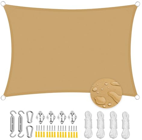 Tenda a Vela Rettangolare, Vela Ombreggiante Impermeabile Protezione Anti Raggi UV Tenda da Sole per Esterno Giardino-Sand||3x3m(9.8x9.8ft)