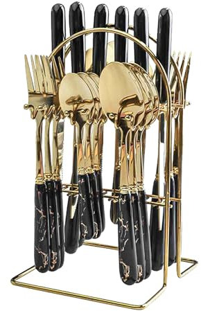 WPKD BLUEIY 15-Piece Knife Set with Block, High Carbon Stainl Steel Kitchen Knives with Sharpener Rod, Non-Slip Handle for Chopping, Slicing, Dicing, Cutting, Black and Gold Flatware Set