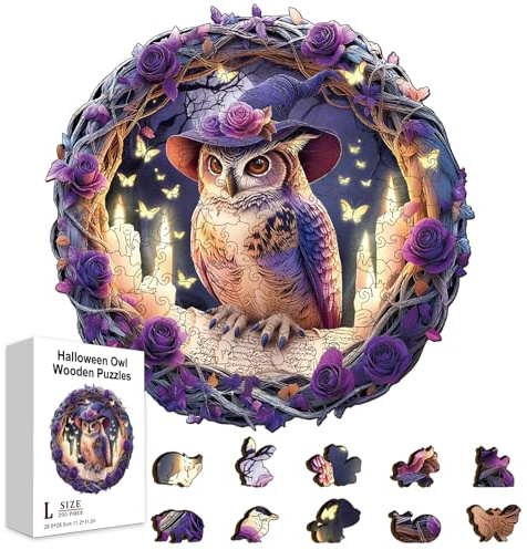 GLOBLELAND Holzpuzzle Erwachsene 200 Teile Holzpuzzles Halloween Magischer Eule Wooden Puzzle Unregelmäßige Einzigartige Puzzle für Erwachsene Kreatives Weihnachten Geschenke 11.2x11.2 Zoll