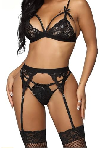 Lsexyier Damen Dessous Set Sexy, Sexy Damen Dessous Set, Offener Bodysuit, Erotische Translucent Lingerie Nachtwäsche Reizwäsche BH und Höschen Sets, Verführungswäsche für romantische Nächte, L