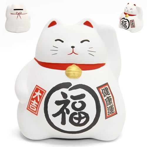 Maneki Neko giapponese Bianco, Gatto portafelicità Zampa, Lucky Cat, Made in Japan - Salvadanaio in Argilla, Statuetta di fortuna, prosperità, ricchezza, salute (H9cm)(SW-001)