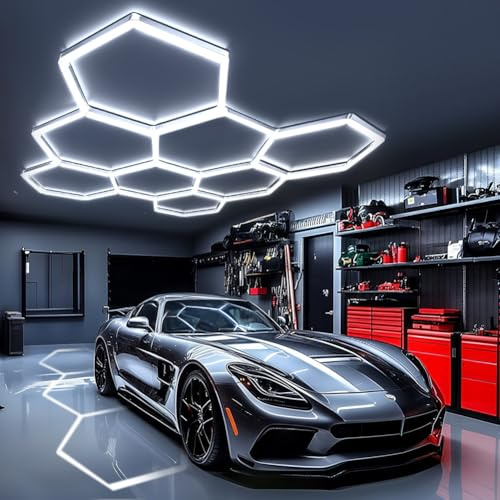 DIKHEE Luminaire de Garage à LED en nid d'abeille 8-Hex, 280W 6500K Plafonnier d'Atelier LED Déformable DlY Hexagon Garage Lumière pour Atelier, Entrepôt, Sous-Sol, Salle de Sport