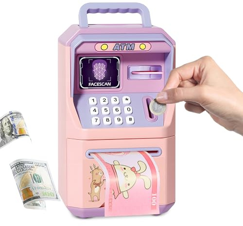 Spardose Kinder, Elektronische Spardose, Münze Geldbank, Elektronische Digitale Mit Gesichtserkennung Digitale ATM Sparschwein Für Banknoten und Münzen 3-12 Jahren Mädchen Jungen(Rosa)