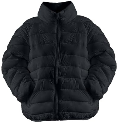 ofeirhz Chaqueta de plumón para niños, abrigo de invierno para niños, chaqueta acolchada de manga larga, abrigo ligero con cremallera, chaqueta de dinosaurio para niñas (negro, 11-12 años)
