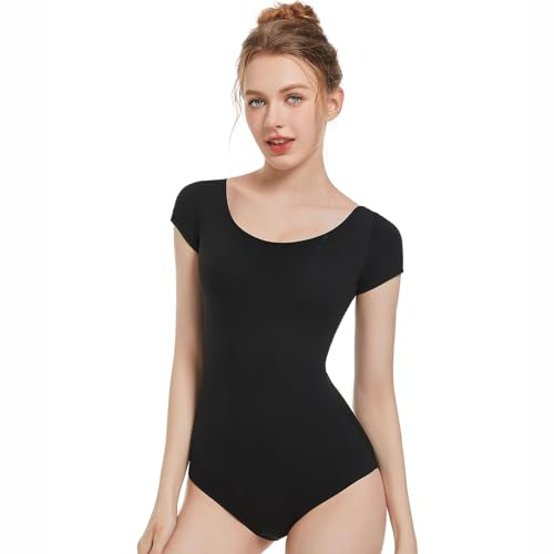 Spoxiyue Short Sleeve Leotard for ballet， Black Bodysuit Ballerina Dancewear Women's Team Basic Gymnastics Gym Wear (Black Short, S)