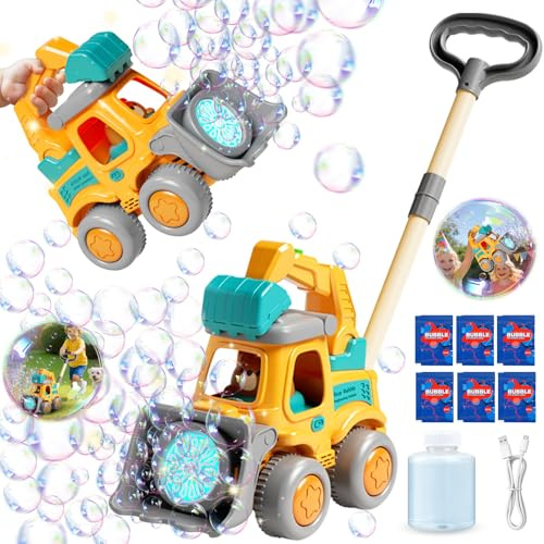 Britik Bubble Machine for Toddlers 3-6: Construction Truck Bubble Lawn Mover, 2-in-1 Handheld Push Automatic Bubble Blower with Led Lights USB Rechargeable, Bubbles Toy for Kids Boy Girl 3-6 Year Old