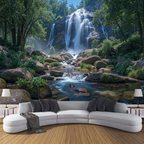 Papel Pintado Pared Cascadas Del Bosque Papels Tapiz, Paisaje Natural Tropical Murales Decoración De Pared, Verde Profundo Fotomurales Para Salón Dormitorio Fondo de TV, 300x210cm