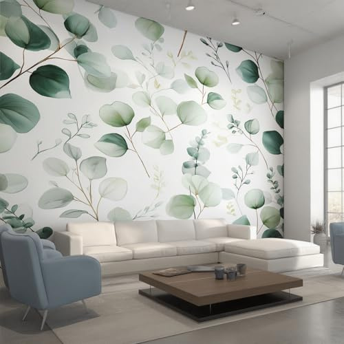 Generisch Vlies Fototapete Aquarell Blätter 400x280 cm (B x H), Tapete Grün Eukalyptus Blätter Wandtapete Wohnzimmer Schlafzimmer Vliestapete, Wanddeko Motivtapeten